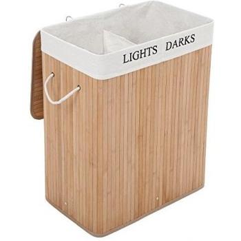 Cesto para ropa sucia rectangular de 100 litros con separador, tapa y asas en color natural