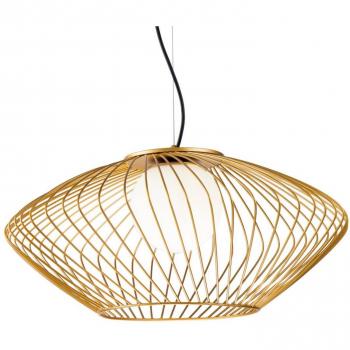 Lámpara colgante contemporánea Plec en oro con pantalla de jaula, 1 luz E27, difusor de vidrio blanco