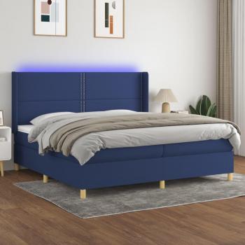 Cama box spring con colchón y luces LED tela azul 200x200 cm