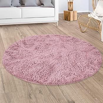 Alfombra Salón Pelo Largo Shaggy Piel Sintética Mullida Rosa Palo Ø 160 cm Redonda