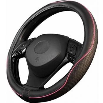 Upgrade4cars Funda Volante Coche Universal Negro Rosa Poli Piel | 37-39 cm Diámetro Exterior | Accesorios Coches Interior Decoracion | Ideas Regalos
