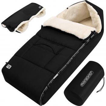 Saco para bebé con calentador de manos, reflectores, cierre en cabecera, arnés de 5 puntos, apto para cochecito y silla de coche, acolchado y acogedor en color negro/beige, dimensiones 93x