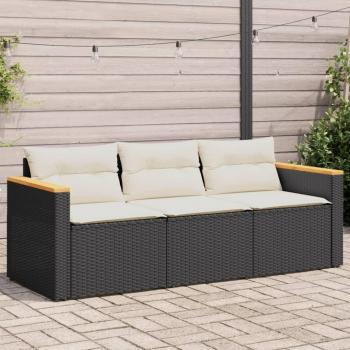 Sofá de jardín de 3 asientos con almohadas negras en Polyrattan