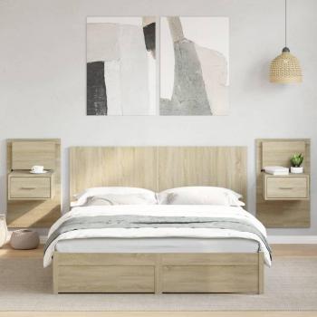 Cabecero cama con mesitas de madera de ingeniería en roble Sonoma 160 cm, color marrón