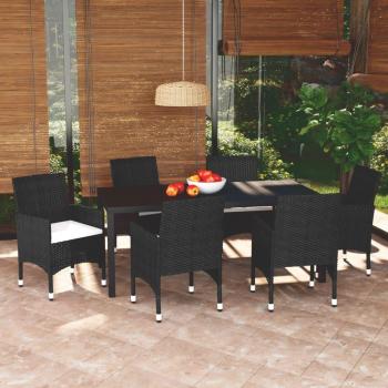 7-Piece Black Poly Rattan Garden Dining Set with Cushions