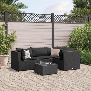 5 Piece Black Poly Rattan Garden Lounge Set with Cushions