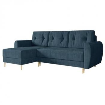 Sofá rinconero Memphis 139, azul, con función de descanso y caja de ropa de cama, 234x139x95cm