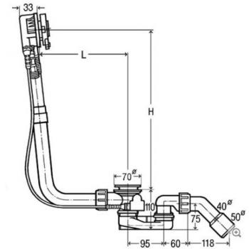 Kit de desagüe y rebose Viega Multiplex Trio DN 40/50 con conexión central, modelo 6161.62, longitud especial 725 mm