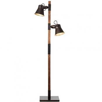 Lámpara de pie Plow Brilliant, 2 focos E27, negro/metal y madera oscura, con interruptor de pie