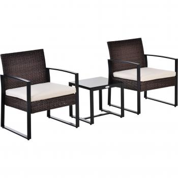 Outsunny Set de Muebles de Ratán para Jardín 3 Piezas, Incluye 1 Mesa de 42,5x40x39 cm y 2 Sillones de 63x57x76 cm
