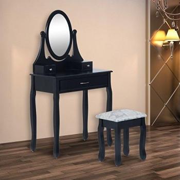 Tocador + 1 Taburete y Espejo Mesa Maquillaje 3 Cajones Negro Mesa MDF NUEVO