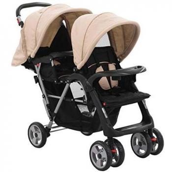 vidaXL Carrito para Dos Bebés Tandem Gris Taupe/Negro Acero Cochecito Mellizos Ajustable Transporte Ligero Versátil Compacto Práctico Cómodo Plegable