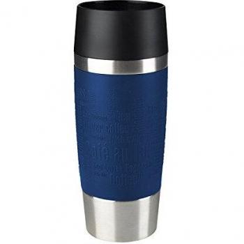 Emsa Travel Mug Taza térmica, Mantiene Calor 4 h y frío 8 h, Acero Inoxidable con Base Antideslizante y Zona de Agarre de Silicona con Letras grabadas, Azul, 1 Unidad