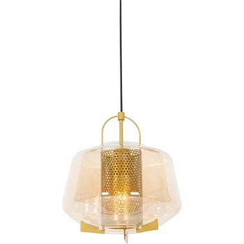 Lámpara colgante art déco dorada con cristal ámbar 30 cm - Kevin, lámpara colgante de vidrio en color oro y latón