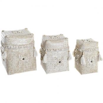 Conjunto de 3 cestas decorativas en bambú blanco con diseño de conchas (24 x 24 x 30 cm) - Pack de 3 unidades