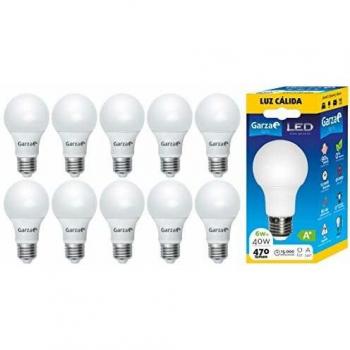 Garza z bombilla led de bajo consumo estandar a60 e27 de 470lm y 6w de potencia equivalente a 40w y temperatura amarillo calido 3000k a 15000h duracion pack 10 bombillas