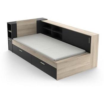 Cama modular 90 x 190/200 con compartimentos - Negro y natural - LIARA, dimensiones 119,2 cm de ancho, incluye almacenamiento con 2 puertas, 6 nichos y 2 cajones