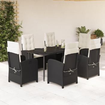 7-Piece Black Poly Rattan Garden Dining Set with Cushions