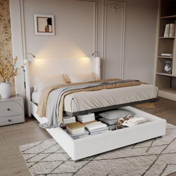 Cama de matrimonio tapizada 140x200 con almacenamiento, cabecero con luz de lectura, pana color blanco