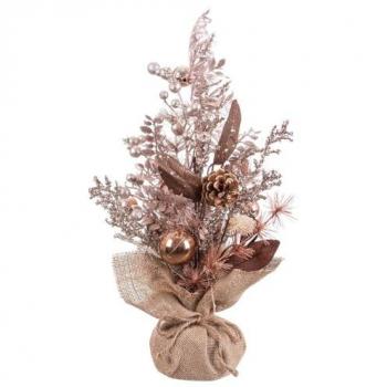 Arbolito de Navidad de acebo y piñas cobre con maceta de tela de saco de 50 cm