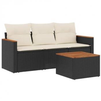 4-Piece Black Poly Rattan Garden Sofa Set with Cushions