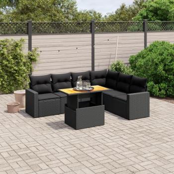 Set de comedor de jardín 7 pzas con cojines de ratán sintético negro