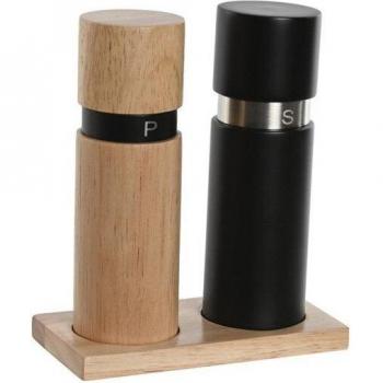 Set salero y pimentero con base de madera de caucho y acero inoxidable