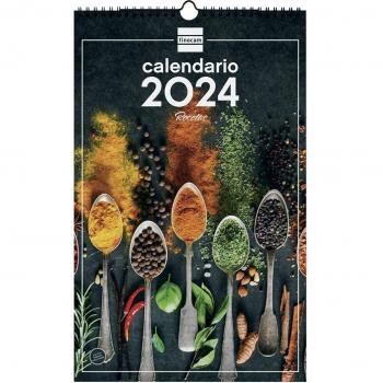 Calendario de Pared 2024 Finocam para Anotar Recetas - Encuadernación Doble Espiral con Colgador, Espacio Diario para Notas, Temática Mensual Variada, Ideal para