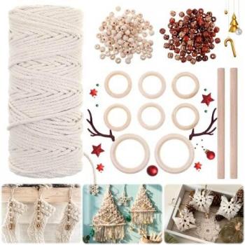Jeteveven Macrame Cuerda 3mmx100m,Algodó Cordel Natural,Con 2pcs Palos de madera 8pcs Anillos de madera 100pcs Cuentas de madera,Para Tapiz Macrame,Tejer y Bohemia Decoración,Colgador de Planta y Boda