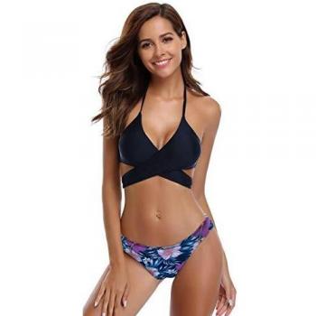 SHEKINI Mujeres Front Cross Bandage Bikini Floral impresión Inferior Traje de baño