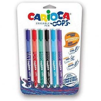 CARIOCA Oops Surtidos | Set Bolígrafos Borrables Recargables con Tapa para el Colegio, Universidad y Oficina con Doble Goma Incorporada y Agarre Ergonómico, Bolígrafos Surtidos 6 Uds