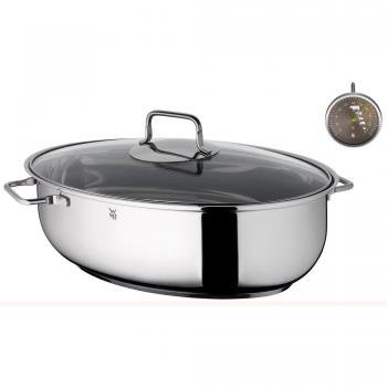 Cazuela Ovalada WMF de Acero Inoxidable Cromargan con Tapa de Vidrio y Termómetro, 7.8L