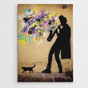 Impresión sobre Lienzo Banksy Saxofón y Gato, Poliéster Multicolor, 70x3x100 cm