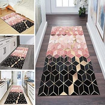 Alfombra de Pasillo Larga Antideslizante Rayas Geométrico Lavable Negro Rosa 120x300cm a Medida Alfombra Cocina Corredor Dormitorio Salón