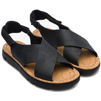 CAMPER Oruga Sandals - Black, Size 37, Smooth Leather/Cotton Fabric