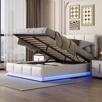 Cama Contenedor 140x200 con Somier de Lamas, Cabecero Ajustable y Tira de Luz LED Orientable, PU, Blanco
