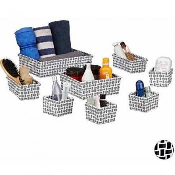 Set de 8 Cestas de Almacenaje Apilables, Aspecto Trenzado, Plástico, Blanco y Gris