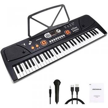 WOSTOO Teclado Electrónico Piano 61 Teclas, Teclado de Piano Portátil con Atril, Micrófono, Fuente de Alimentación, Música Digital, Teclado de Piano para Niños - Negro