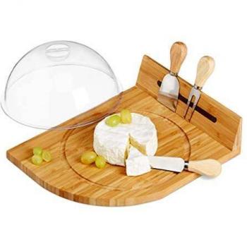 Relaxdays Tabla Quesos con Cubiertos, Quesera con Campana, Cortador y Barra Imantada, Bambú, Marrón