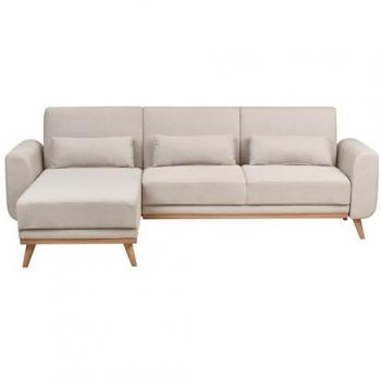 Sofá Cama Esquinero Moderno Ollsta Beige Claro con Tapizado de Poliéster, Patas de Madera Clara y Cojines Adicionales