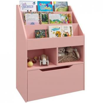 Estantería Infantil de Madera HOMCOM con 3 Compartimentos, 2 Cubos y Cajón Móvil con 4 Ruedas, Librería Infantil para Habitación de Niños, Sala de Juegos, Dimensiones: 60