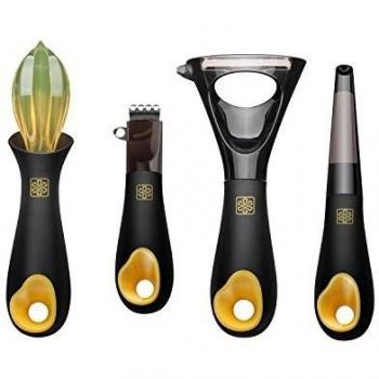 Zestkit® Peladores y Accesorios de Frutas de Acero Inoxidable, Conjunto de 4 Piezas, Pelador, Y-Pelador, Rallador/Zester, Exprimidor de Naranja/Citrus Reamer, Aptos para Verduras y Frutas, Color Negro, Amarillo y Verde