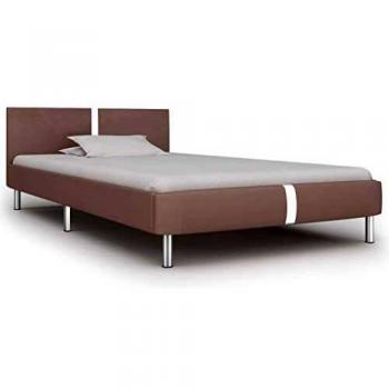 vidaXL Cama Individual Estructura Hierro + Somier Láminas + Cabecero Tapizada Piel Sintética 90x200 cm Cuero Artificial MDF Pata Acero Capuchino Plata
