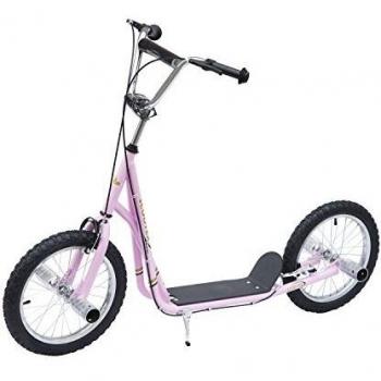 HOMCOM Patinete Scooter 2 Ruedas 16 Pulgadas Monopatín para Niños y Adultos Manillar Ajustable con 2 Frenos y Caballete Carga 100kg 143x58x92-100cm Rosa