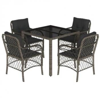5-Piece Grey Poly Rattan Garden Dining Set with Cushions