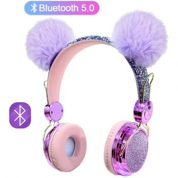 Auriculares Inalámbricos de Lujo con Diamantes y Micrófono para Niñas, Bluetooth 5.0, Cascos Estéreo con Bola de Pelo para Niños
