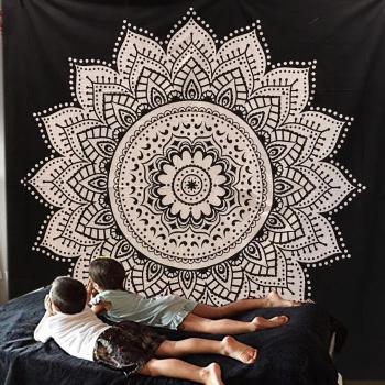 Exclusivo tapiz Raajsee con diseño de mándala, color blanco con negro, algodón, negro, 140*220cms