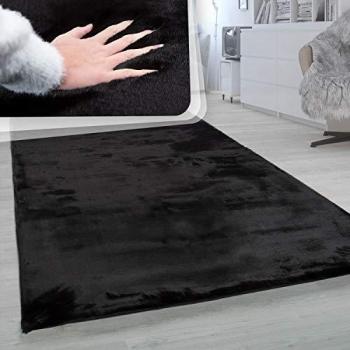 Alfombra Salón Pelo Largo Sintética Suave Imitación Piel Conejo Negra 140x200 cm
