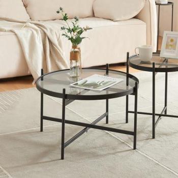Mesa de Centro Redonda Lier con Tablero de Cristal Templado y Estructura de Metal Negro 40 x Ø61 cm
