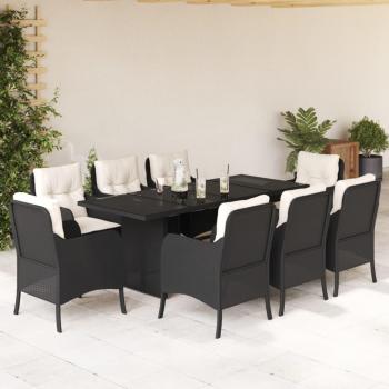 Set de comedor de jardín 9 pzas con cojines de ratán sintético negro